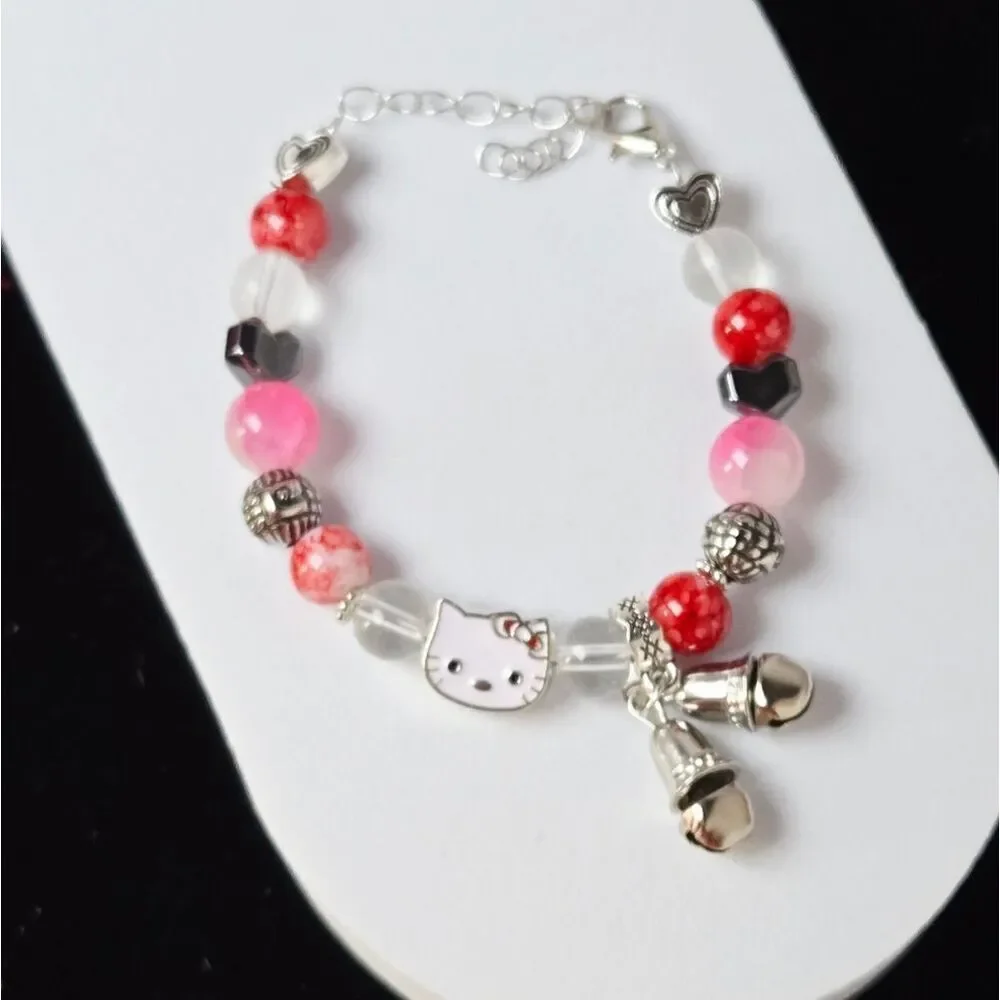 Hello Kitty Beaded Bracelet Pink Marble Resin Hematite Heart Bell Charm Kawaii